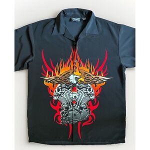 Dragonfly Shirt Mens XL Black Flame Eagle Motorcycle Engine Button Up Biker